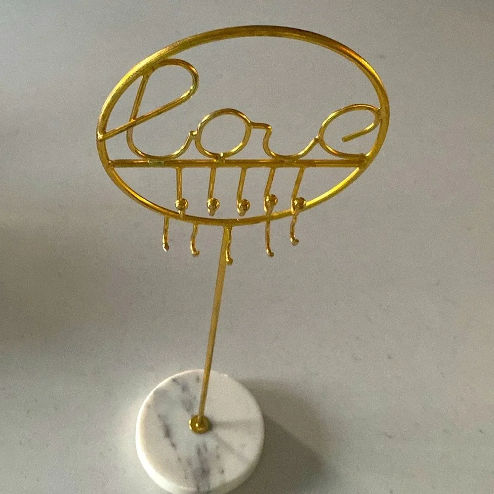 Gold Love Script Wire Jewelry Stand with‎ White Marble Base Organizer